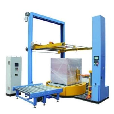 Online automatic turntable pallet stretch wrapping machine with top film dispenser